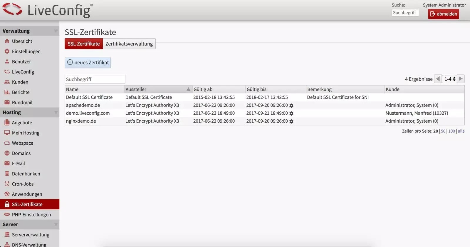 LiveConfig bietet eine einfache Möglichkeit, SSL Zertifikate zu installieren und zu verwalten.